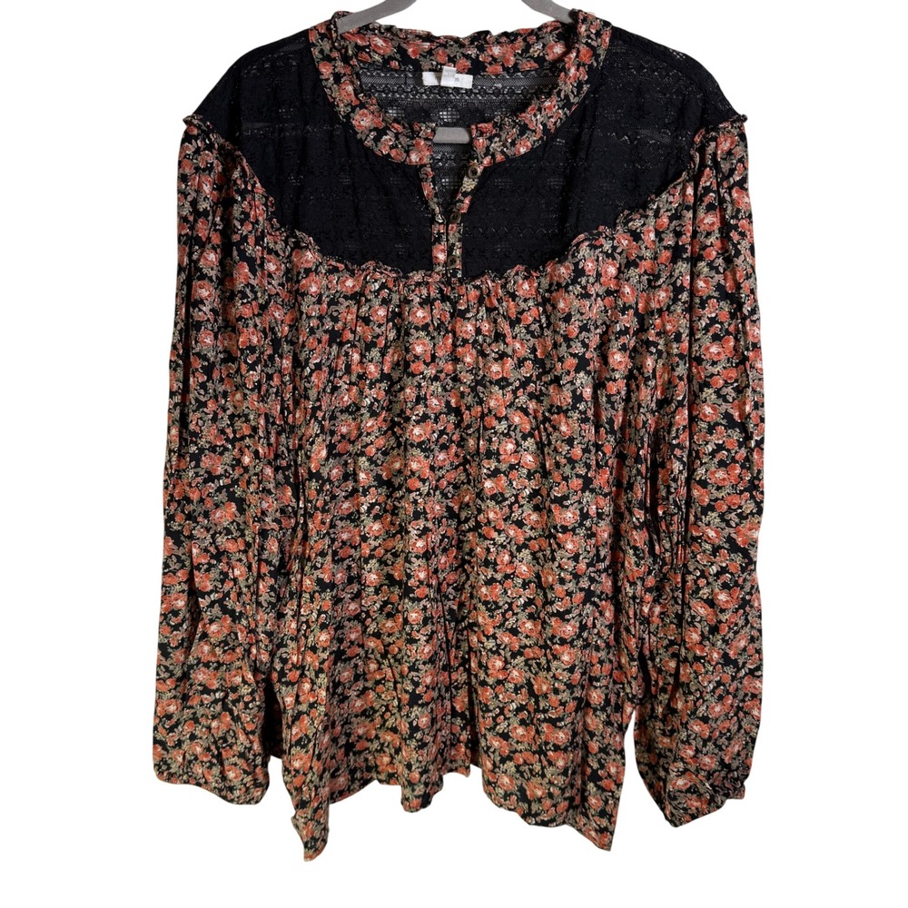 Maurices Womens XL Floral Lace Yoke Peasant Blouse Black Orange Ruffle Neck